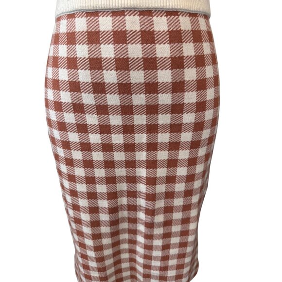 2/$30 Madewell XS Midi Skirt Red Brown & White Gingham Check Elastic Waist Knit - Picture 4 of 14